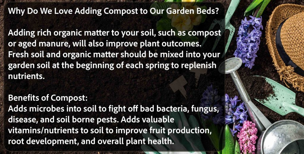Graphic that describes the benefits of compost. Listed benefits include: Adds microbes into soil to fight off bad bacteria, fungus, disease, and soil borne pests. Adds valuable vitamins/nutrients to soil to improve fruit production, root development, and overall plant health.