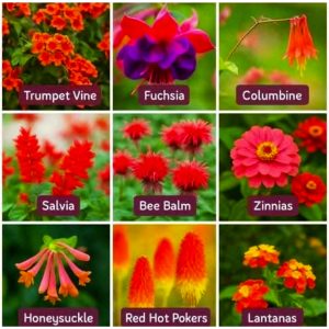 A chart showing 9 flower varieties that are good for attracting hummingbirds. Listed varieties include: trumpet vine, fuchsia, columbine, salvia, bee balm, zinnias, honeysuckle, red hot pokers, and lantanas