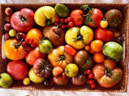 A colorful variety of tomatoes in a large basket.