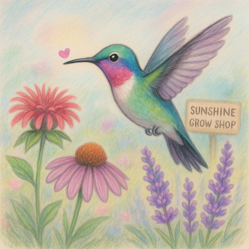 In an artist's depiction, a hummingbird hovers above colorful flowers and small wooden sign that reads 'Sunshine Grow Shop'