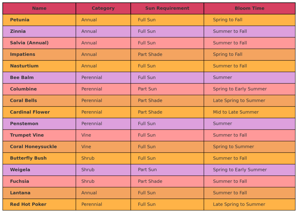 A detailed chart that lists flowers that attract hummingbirds along with their category, sun requirements, and bloom times.