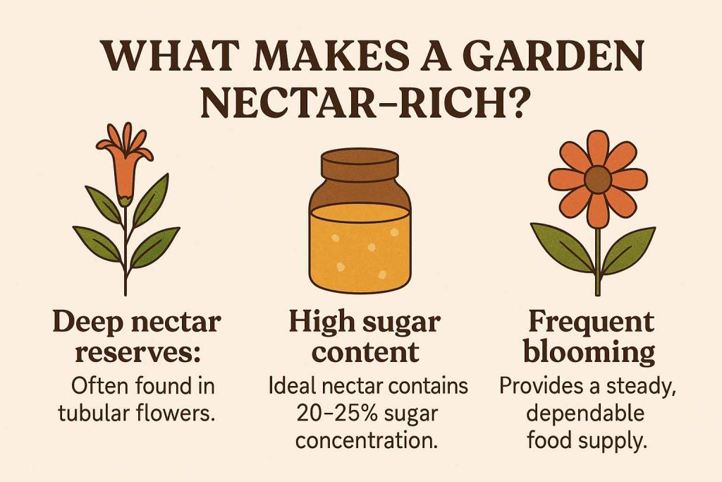 A graphic that explains what makes a garden nectar-rich. It lists three items: deep nectar reserves, high sugar content, and frequent blooming. These are features that should be looked for in flowers intended to attract hummingbirds.