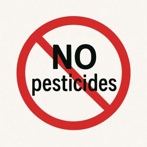 The words NO Pesticides with a large red circle and strikethrough 