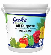 A product image of Jack's 20-20-30 all purpose fertilizer. We recommend using a quality product like this when starting your produce or herb garden.