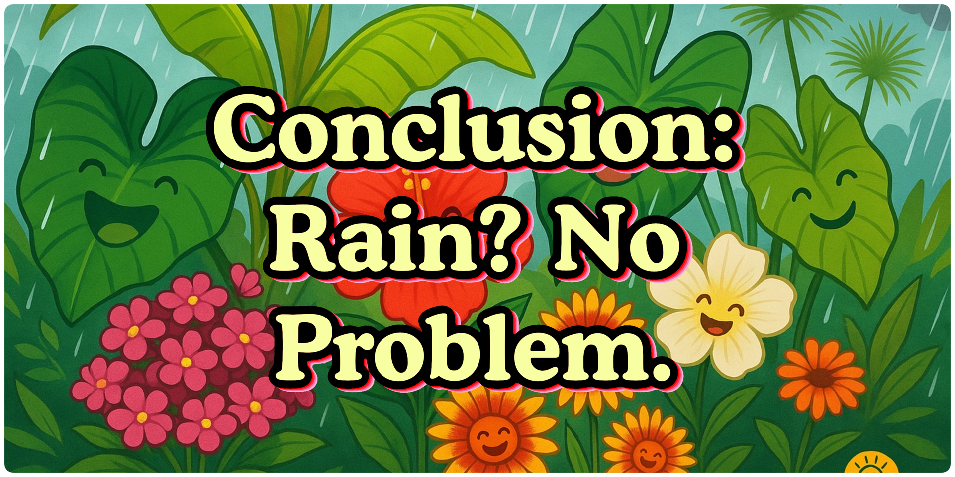 Conclusion Image A colorful artists depiction of a flower garden. The words "Conclusion: Rain? No Problem" appear in yellow font above the artwork