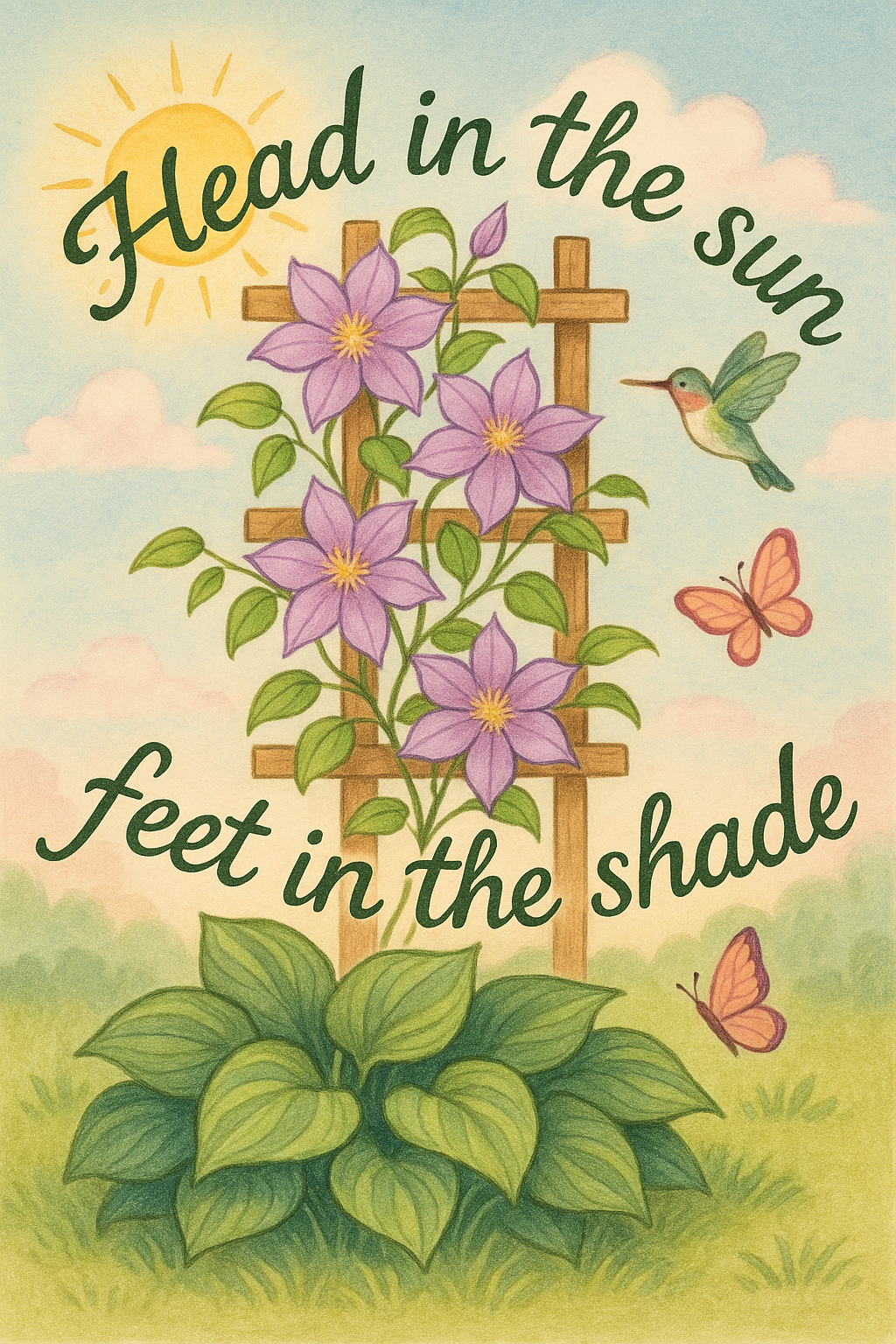 An artists depiction of a clematis vine growing on a wooden lattice with the sun shinning in the background. Words on the artwork read: 