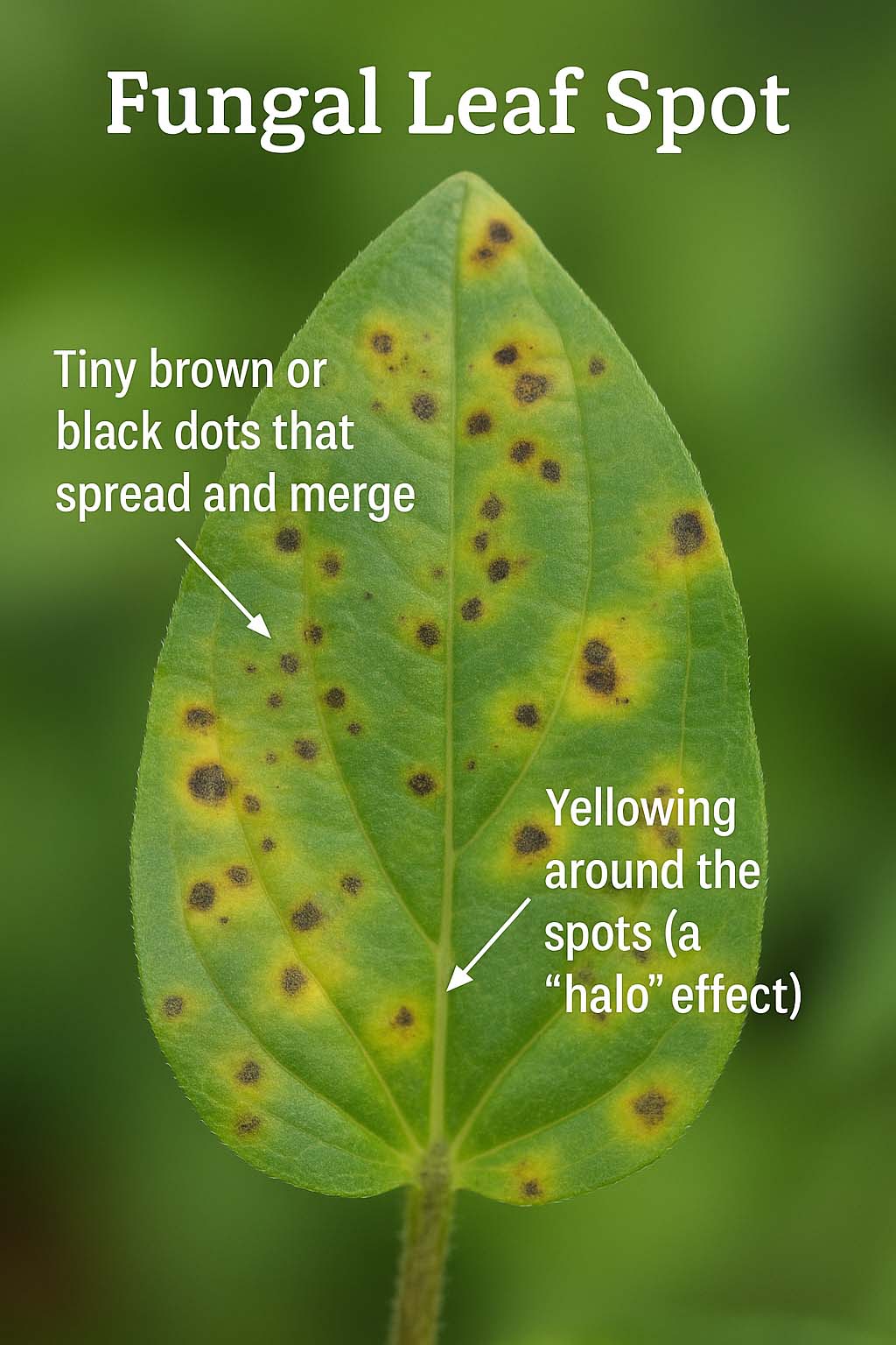 Zinnia fungal leaf spot Close up shot of a zinnia leaf. The leaf shows spotting that appears as tiny brown dots with yellowing around them (a "halo" effect).