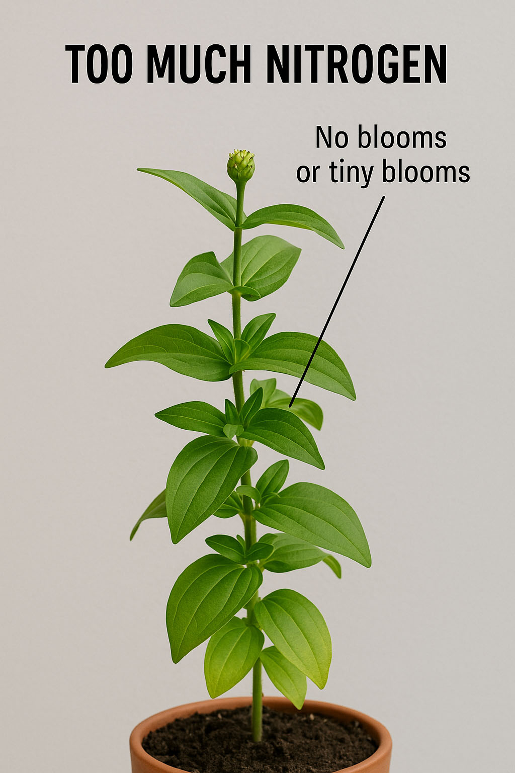 Zinnia no blooms Computer generated image of a zinnia with no blooms. The caption reads "Too much nitrogen. No blooms or tiny blooms"