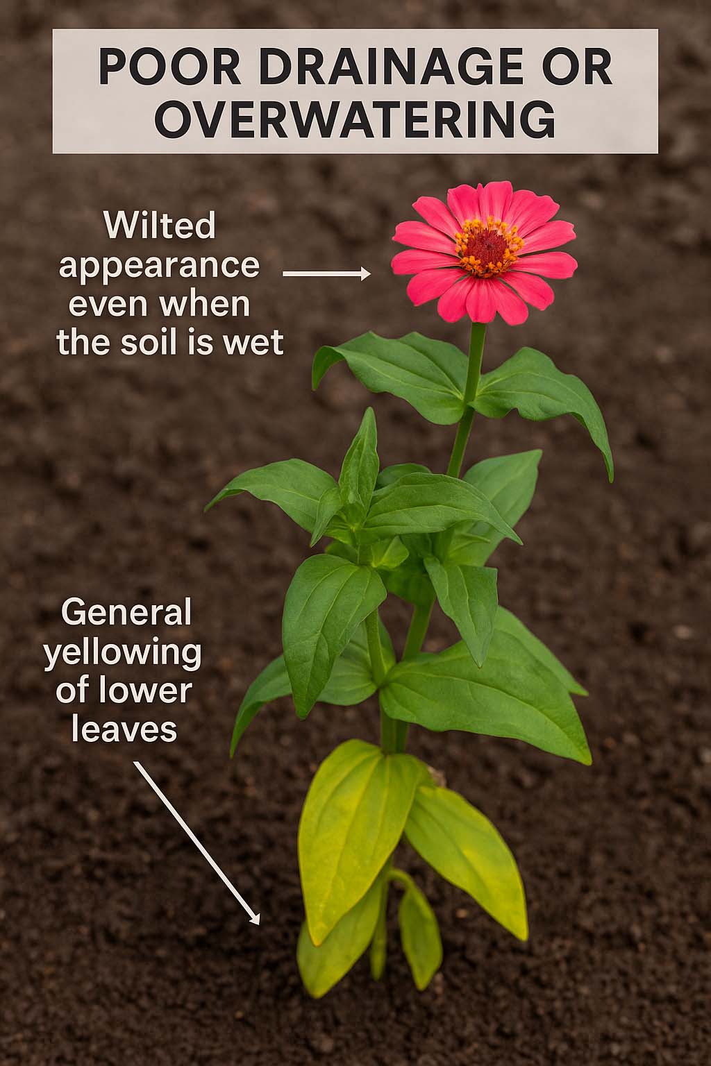 Zinnia overwatering Closeup shot of an overwatered zinnia. The pink flower appears wilted and there is general yellowing of the lower leaves.