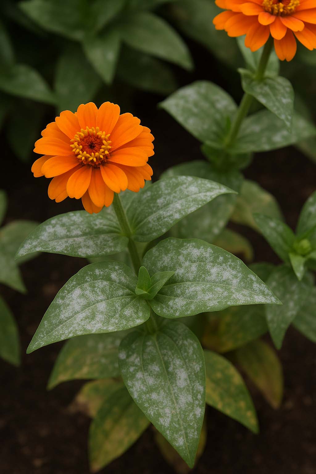 Zinnia powdery mildew Close up shot of orange zinnias with white powdery mildew on the leaves