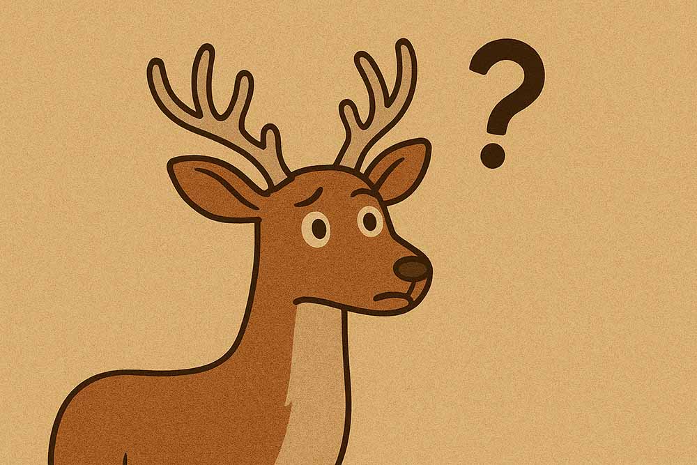 Deer Deterrant, confused image A cartoon depiction of a deer with a puzzled look on its face and a question mark floating in the air.