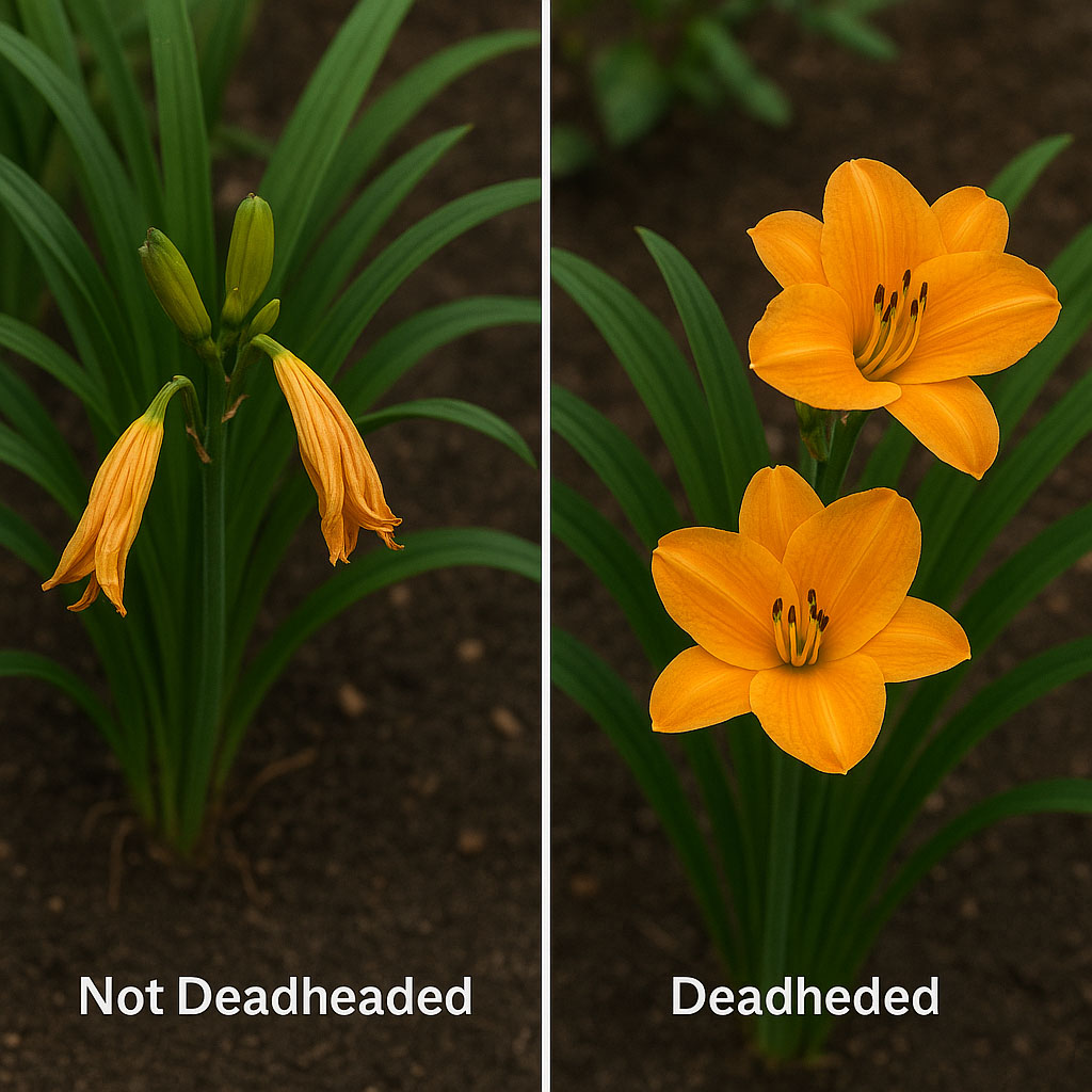 An image showing the benefits of Lily deadheading. The image on the left shows lilies that are not deadheaded. The blooms are droopy and small. The image on the right shows deadheaded lilies. The blooms are full and vibrant.
