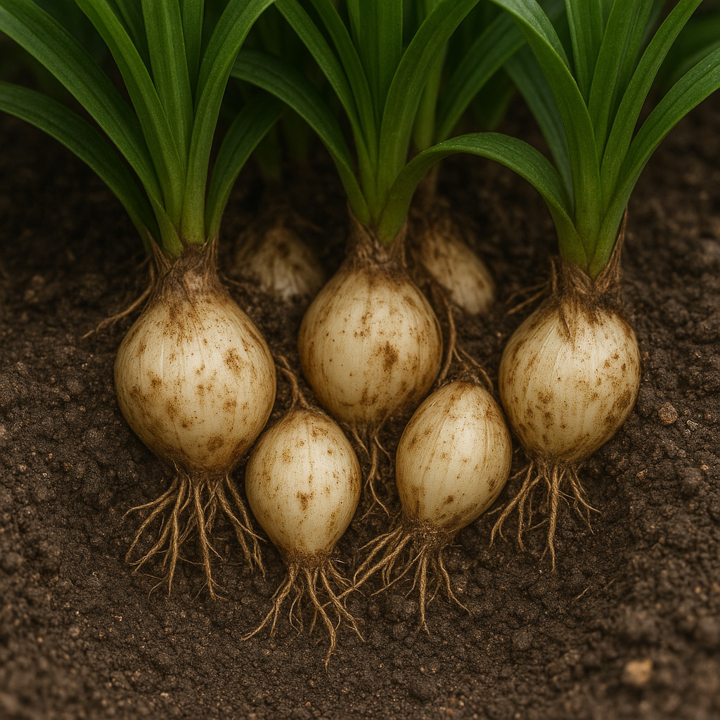 Image showing overcrowded lily bulbs under the soil.