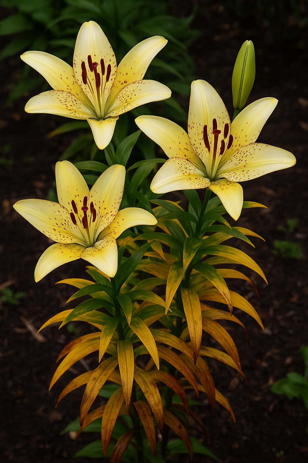 Three yellow lilies show signs of overwatering 