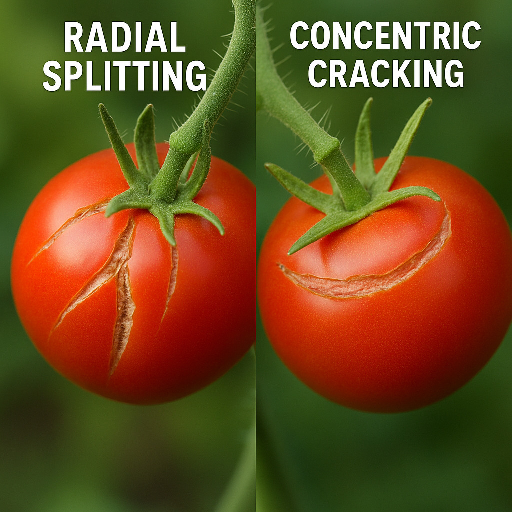 Side by side images of two tomatoes on the vine. The left image shows radial splitting. The right image shows concentric cracking.