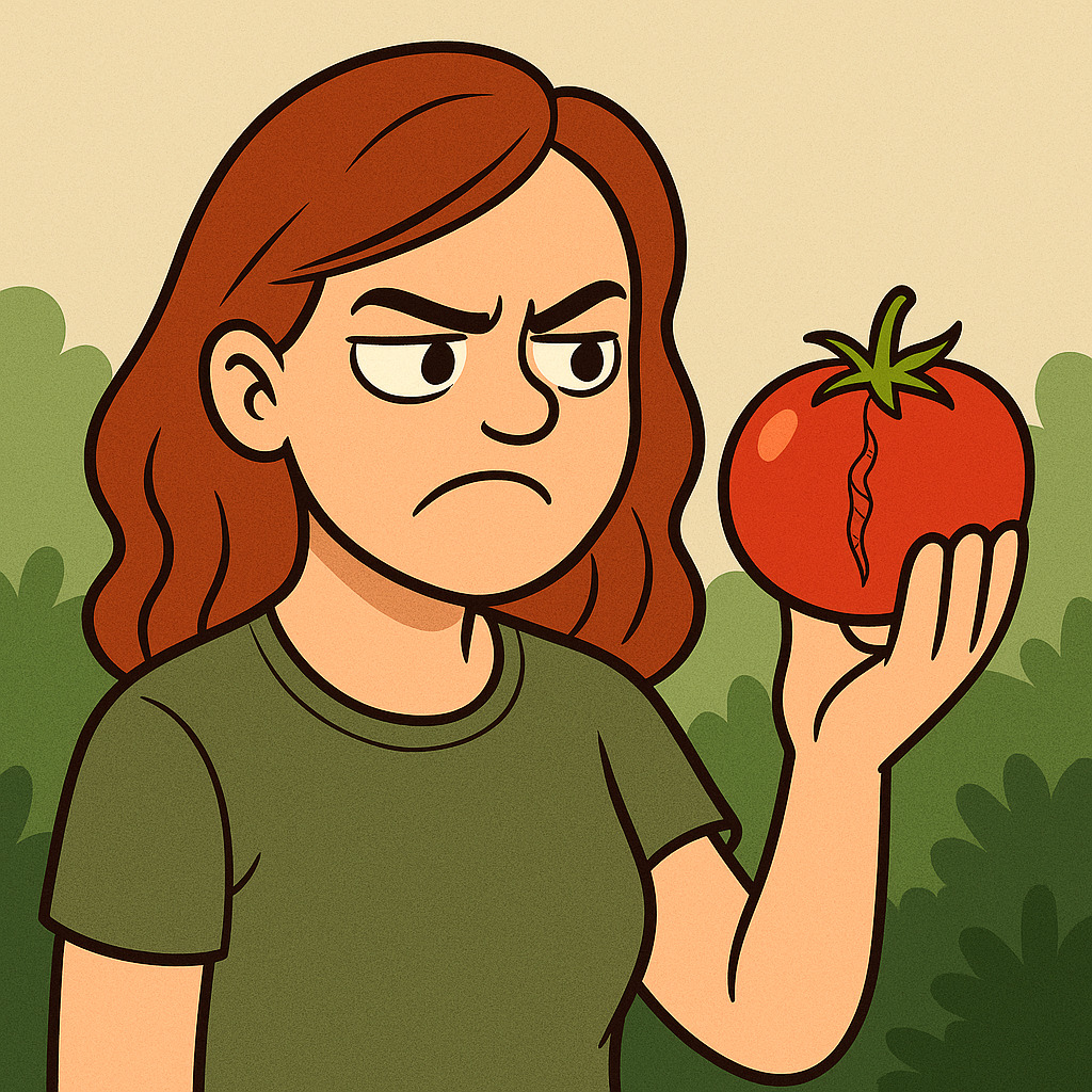 A cartoon image of a woman who is looking at a split tomato. The expression on her face is one of dissatisfaction. 